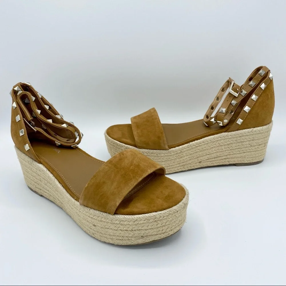 Marc Fisher Light Brown Suede Jazlyn Studded Ankle Strap Espadrille Sandal